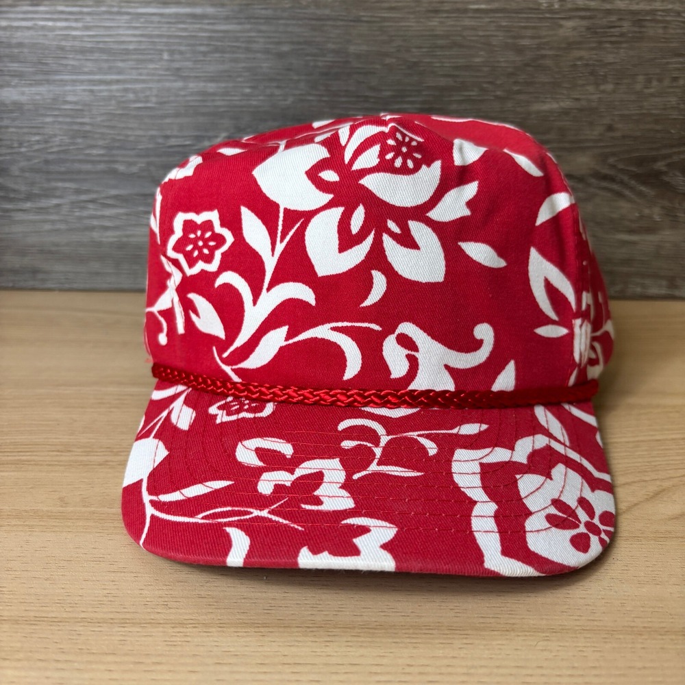 Vintage Hat Cap Snap Back Red White Floral Trucker Flowers Hawaiian 90s